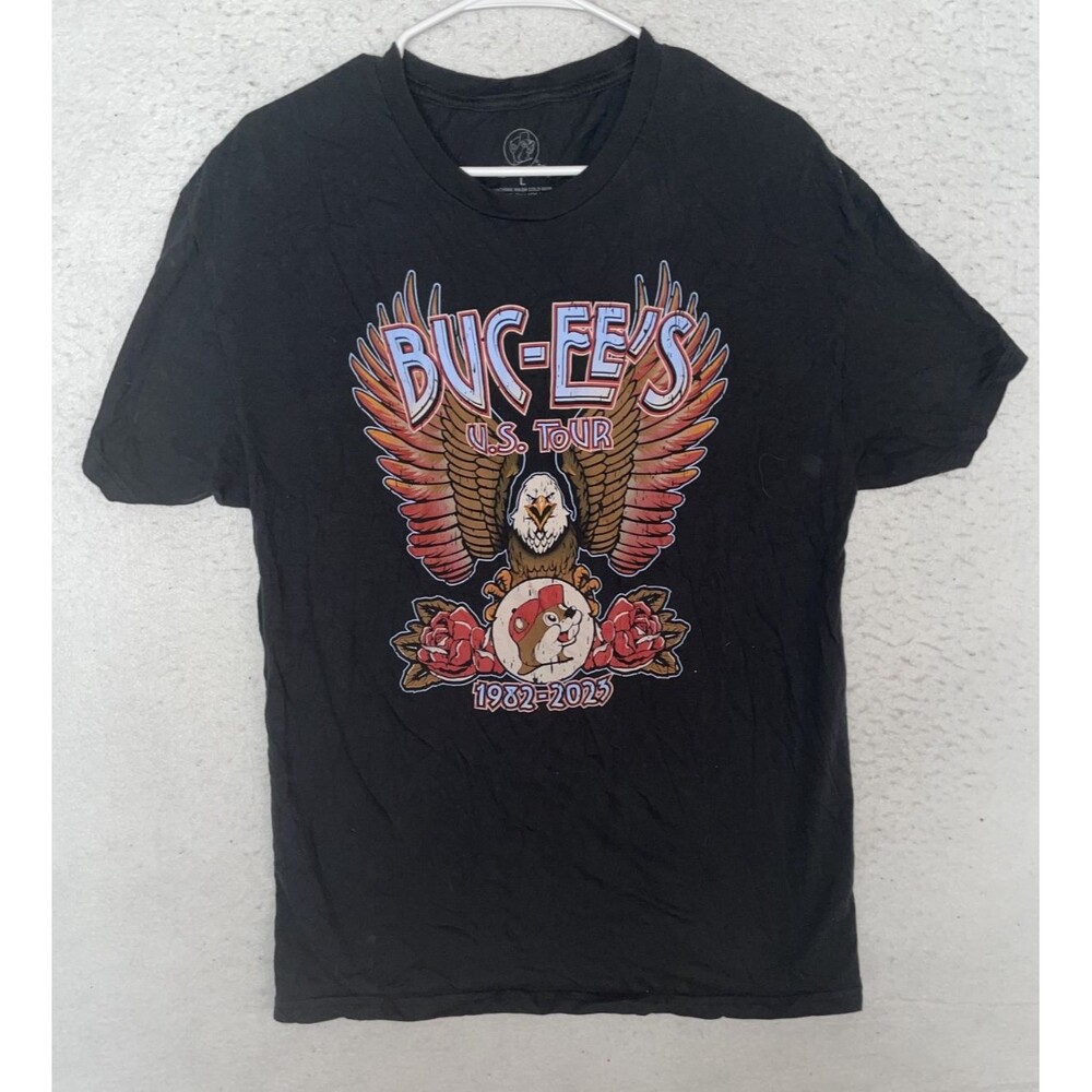 Buc-ee's U.S. Tour Double-Sided Graphic Logo T-Shirt Black Men's sz L Beaver